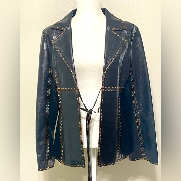 Vintage Y2K Wet Seal Faux Leather Tie Jacket Stitching Detail Boho Large Coat - Picture 1 of 7